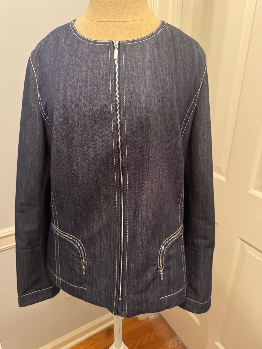 Lafayette 148 -Navy Zip-Front Denim-Effect Jacket